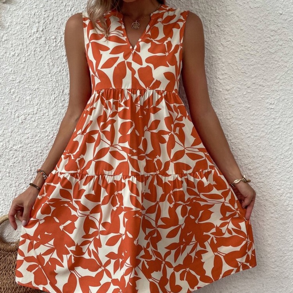 SHEIN VCAY Allover Plant Print Notch Neck Ruffle Hem Dress